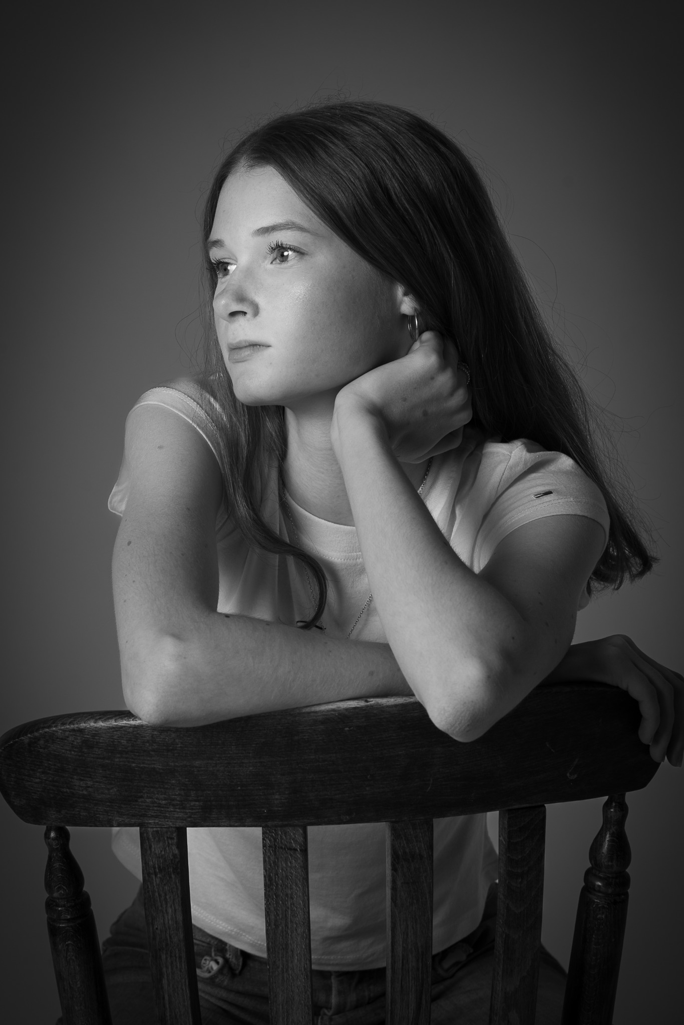 Black and white seated portrait